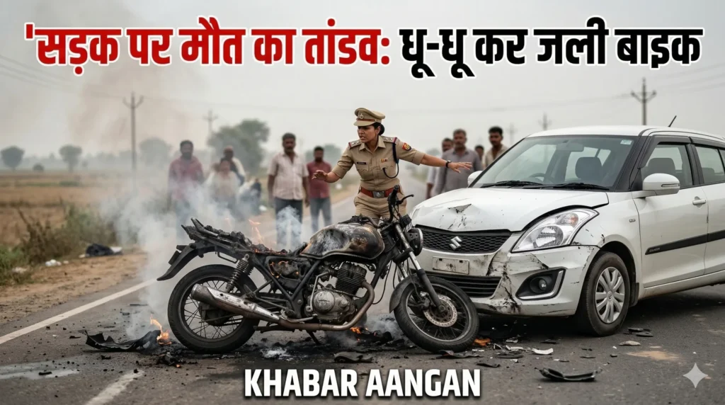 Darbhanga में कार और बाइक की भीषण भिड़ंत: सड़क पर धू-धू कर जली मोटरसाइकिल, देवदूत बनी पुलिस