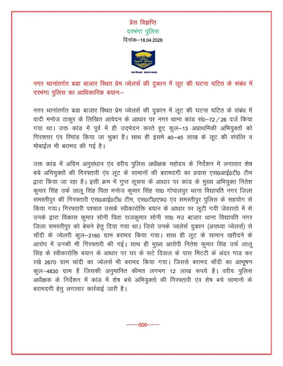 दरभंगा में प्रेम ज्वेलर्स लूटकांड का सबसे बड़ा पर्दाफाश!