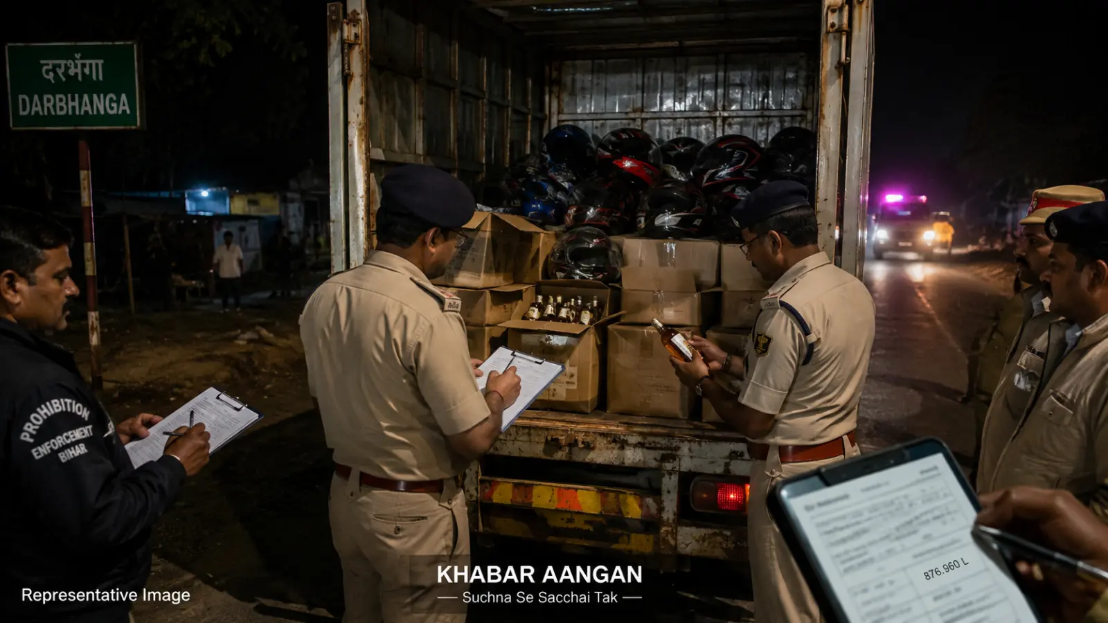 दरभंगा में मिनी कंटेनर से 876.960 लीटर विदेशी शराब बरामद, हेलमेट से ढककर छिपाई गई थी करीब 10 लाख की खेप, चालक गिरफ्तार